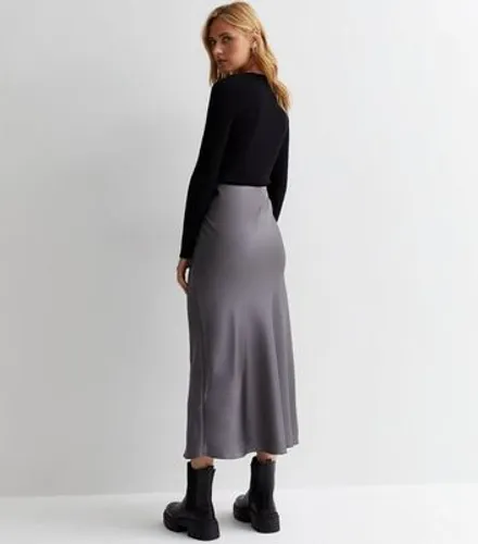 Dark Grey Satin Bias Cut Midi Skirt New Look