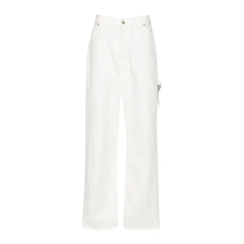 Darkpark , White Wide Leg Jeans with Crystal Embellished Chain Detail ,White female, Sizes: