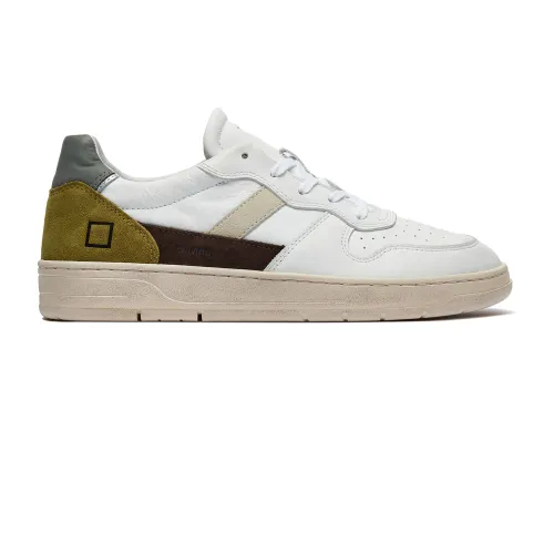 D.a.t.e. , White Leather Low Sneakers with Green Details ,White male, Sizes: