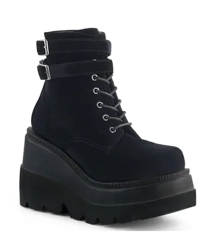 Demonia Womens Shaker 52 Black Velvet Stacked Wedge Ankle Boots