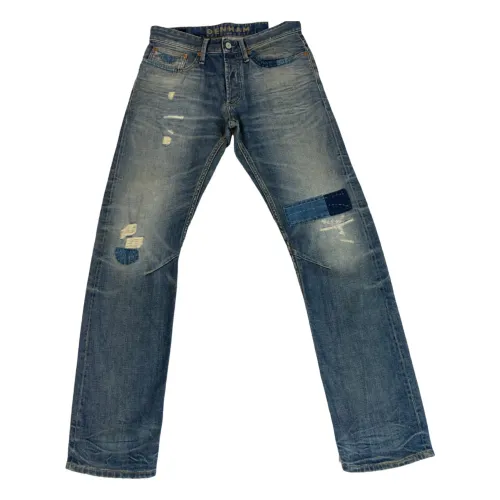Denham , Destroyed Straight Fit Dark Blue Jeans with Button Fly ,Blue male, Sizes: