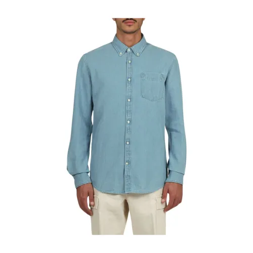deperlu , Denim Button-Down Shirt ,Blue male, Sizes: