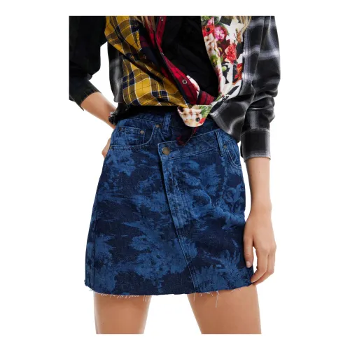Desigual , Blue Print Cotton Skirt with Zip and Button Fastening ,Multicolor female, Sizes: