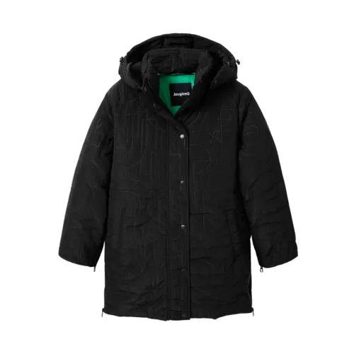Desigual , Long Black Coat with Detachable Hood and Letter Design ,Black female, Sizes: