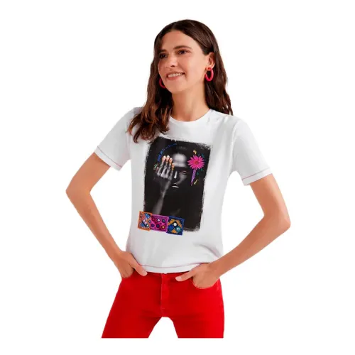 Desigual , Printed Round Neck Womens T-shirt ,White female, Sizes: