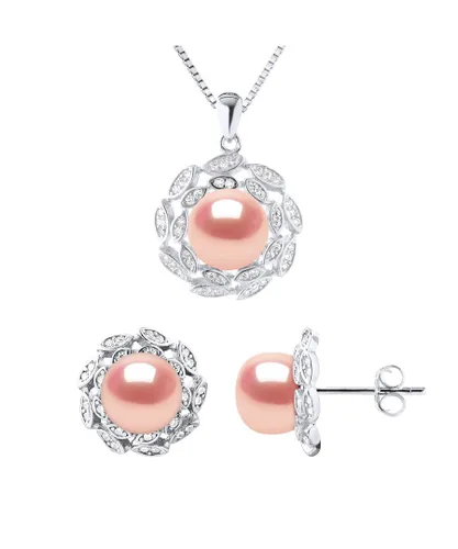 Diadema Womens Adornment Necklace & Earrings FLOWER Freshwater Pearl 9-10 mm Natural Rose 925 - Pink Silver - One Size