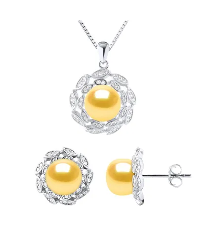 Diadema Womens Adornment Necklace & Earrings FLOWER Sweet Water Beads Golden 9-10 mm 925 - Gold Silver - One Size
