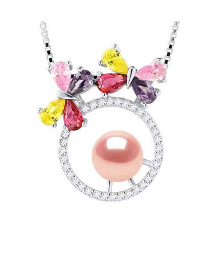 Diadema Womens BUTTERFLY Necklace Freshwater Pearl Round 8-9 mm Rose 925 - Pink Silver - One Size