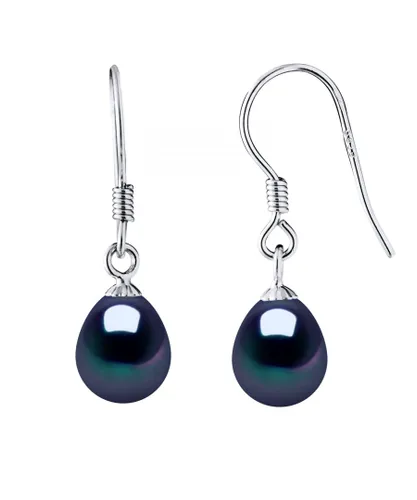 Diadema Womens Earrings Hooks Freshwater Pearls 7-8mm Black Pears 925 Silver - One Size