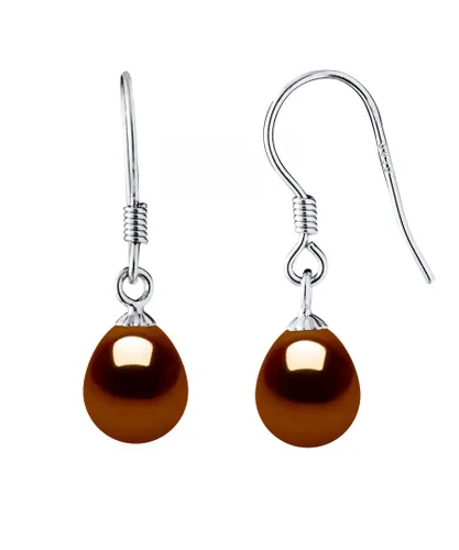 Diadema Womens Earrings Hooks Freshwater Pearls 7-8mm Chocolate Pears 925 - Brown Silver - One Size