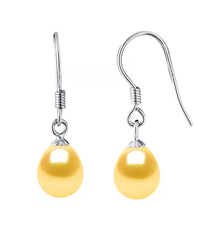 Diadema Womens Earrings Hooks Freshwater Pearls 7-8mm Golden Pears 925 - Gold Silver - One Size