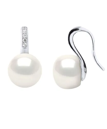 Diadema Womens Earrings Hooks Freshwater Pearls Jewelry White Buttons 9-10 mm 925 Silver - One Size