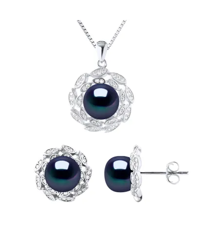 Diadema Womens Finery necklace 9-10mm & Earrings FLOWER Sweet Water Beads Black 925 Silver - One Size