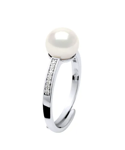 Diadema Womens Ring Adjustable Freshwater Pearl 7-8mm White and zirconium oxides 925 Silver - One Size