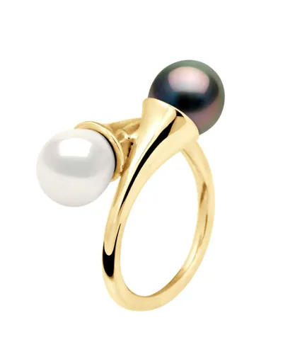 Diadema Womens - Ring You & Me in Yellow Gold - Real Freshwater Pearls and Tahitian - White - Natural - Size T