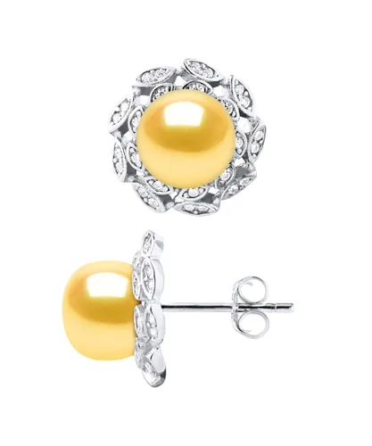 Diadema Womens Stud Earrings FLOWER Sweet Water Beads Buttons 8-9mm Golden Silver 925 Jewelry - Gold - One Size