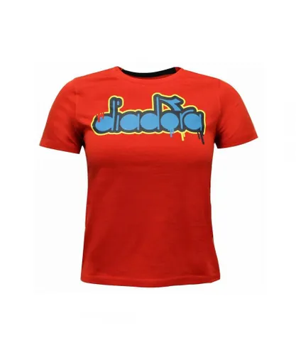 Diadora Childrens Unisex Logo Kids Red T-Shirt - Blue Cotton