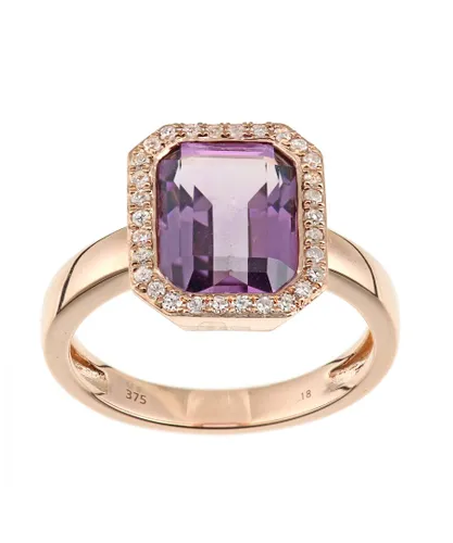 Diamant L'Eternel Womens 9ct Rose Gold Diamond and Amethyst Rectangular Cut Gemstone Ring - Size K 1/2