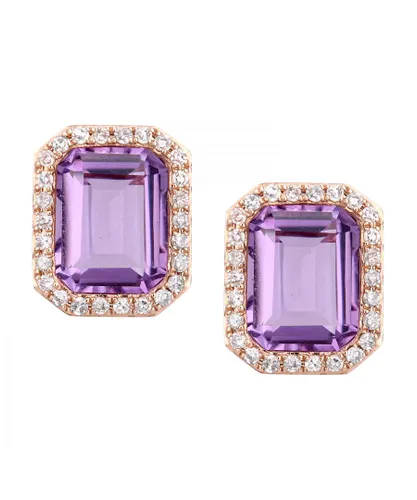 Diamant L'Eternel Womens 9ct Rose Gold Diamond and Amethyst Rectangular Cut Stud Earrings - One Size
