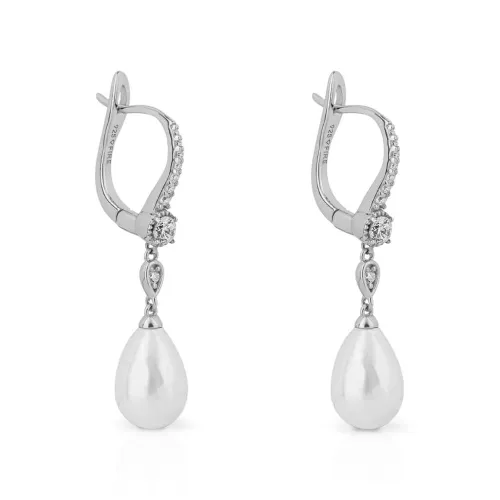 Diamonfire Silver Zirconia & Pearl Drop Lever Hook Earrings