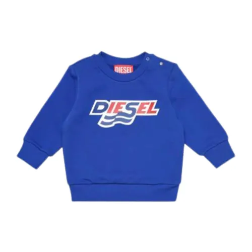 Diesel , Blue Crewneck Sweater with Logo Print ,Blue male, Sizes: