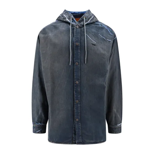 Diesel , Blue Hooded Shirt with Print ,Blue male, Sizes: