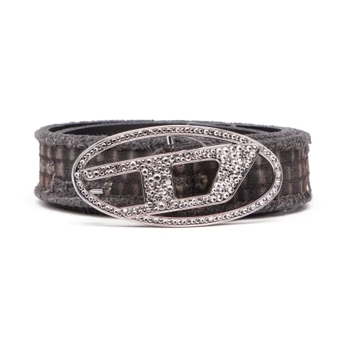 Diesel , Canvas and leather belt with crystals ,Black female, Sizes: