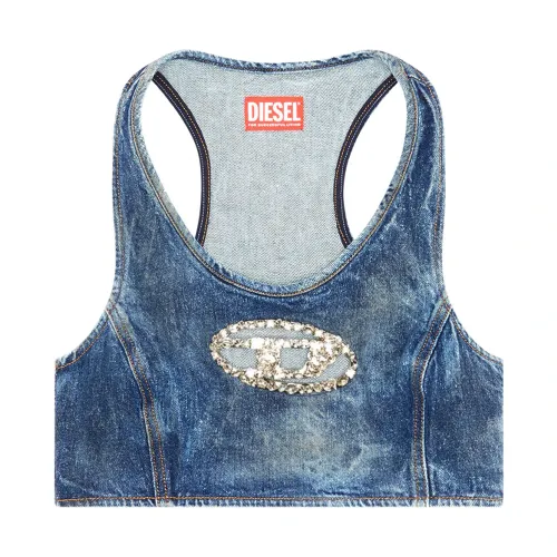 Diesel , Cropped denim top with crystal plaque ,Blue female, Sizes: