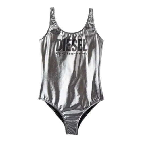 Diesel , Grey Metallic One-Piece Swimsuit with Logo Print ,Gray female, Sizes: