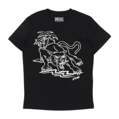 Diesel , Kids Tiger Print T-shirt ,Black male, Sizes: