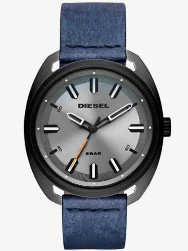 Diesel Mens Fastbak Grey Dial Stainless Steel and Black-IP Blue Leather Strap Watch DZ1838