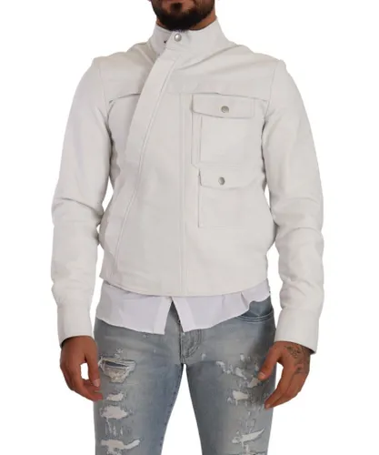 Diesel Mens Leather Biker Jacket with Concealed Zipper Closure - White