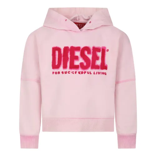 Diesel , Pink Cotton Hooded Sweatshirt with Logo Print ,Pink unisex, Sizes: