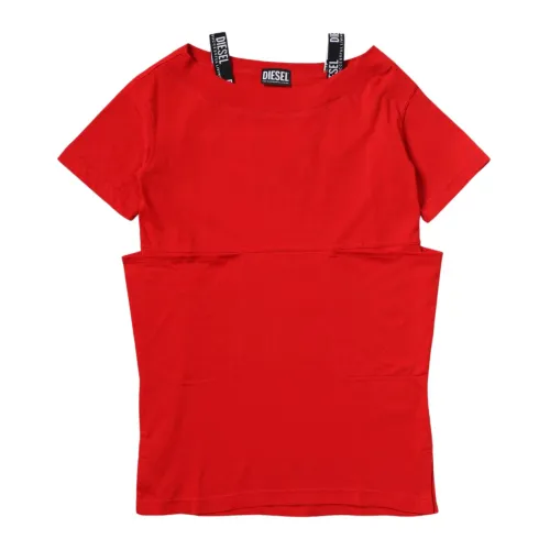 Diesel , Red Cotton Dress with Boat Neck and Short Sleeves ,Red female, Sizes: