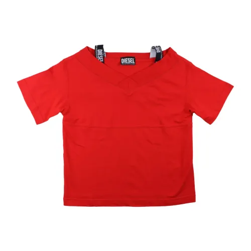 Diesel , Red Kids T-shirt with V-neck and Logo Straps ,Red female, Sizes: