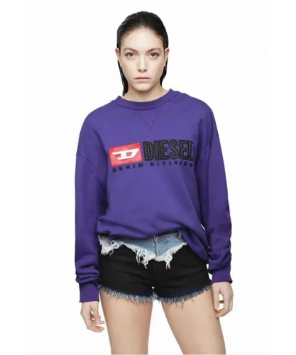 Diesel Womens Denim Division Logo Sweatshirt with Ruched sleeve detail in Purple Cotton