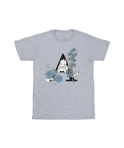 Disney Girls Alice In Wonderland Letter A Cotton T-Shirt (Sports Grey) - Light Grey