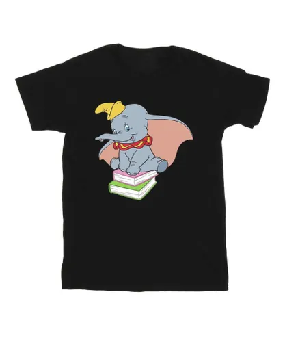 Disney Girls Dumbo Sitting On Books Cotton T-Shirt (Black)