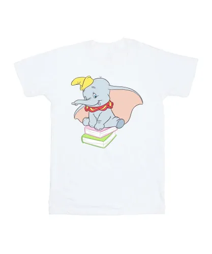 Disney Girls Dumbo Sitting On Books Cotton T-Shirt (White)
