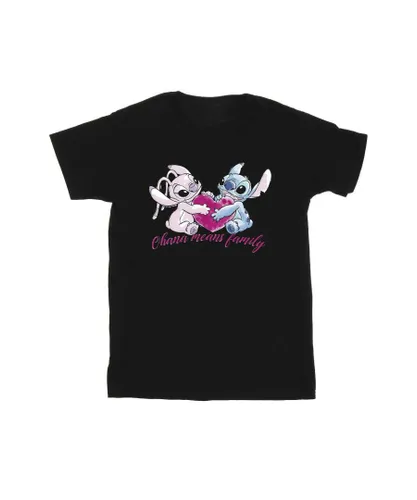 Disney Girls Lilo And Stitch Ohana Heart With Angel Cotton T-Shirt (Black)