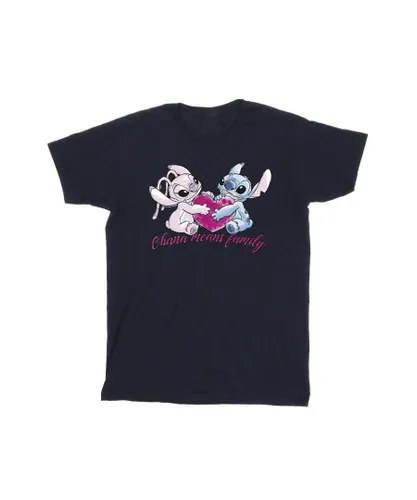 Disney Girls Lilo And Stitch Ohana Heart With Angel Cotton T-Shirt (Navy Blue)