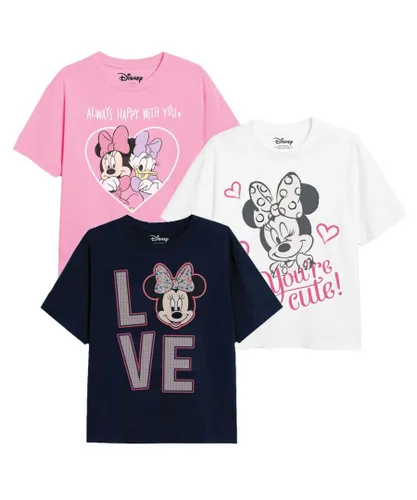 Disney Girls Minnie Mouse & Daisy Love T-Shirt (Pack of 3) (Pink/White/Navy) Cotton