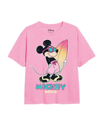 Disney Girls Surf Mickey Mouse Gradient T-Shirt (Light Pink) Cotton