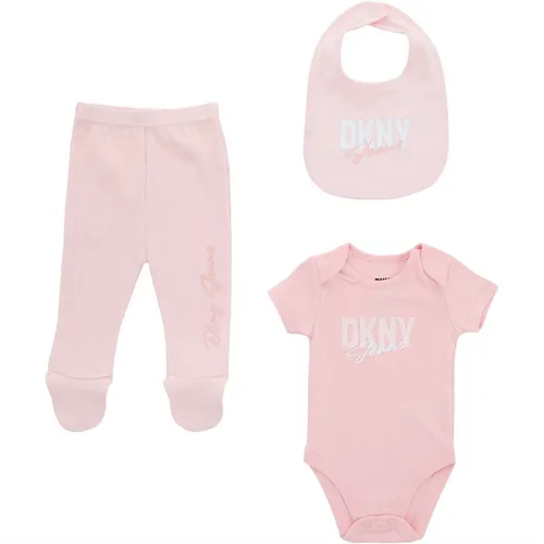 DKNY Girls Three Piece Footed Trousers Bib And Bodysuit Set Pink