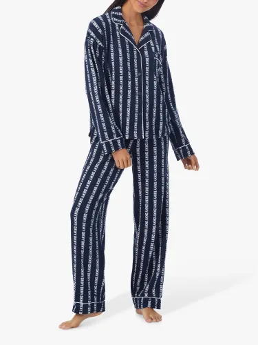 DKNY Stretch Fleece Long Sleeve Pyjama Set, Navy/White - Navy/White - Female