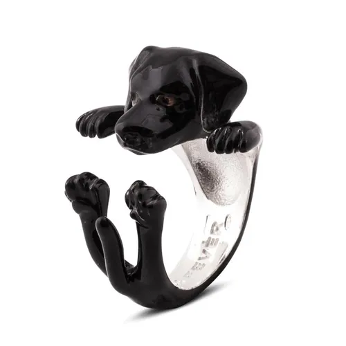 Dog Fever Sterling Silver Enamelled Black Labrador Retriever Hug Ring - M Silver