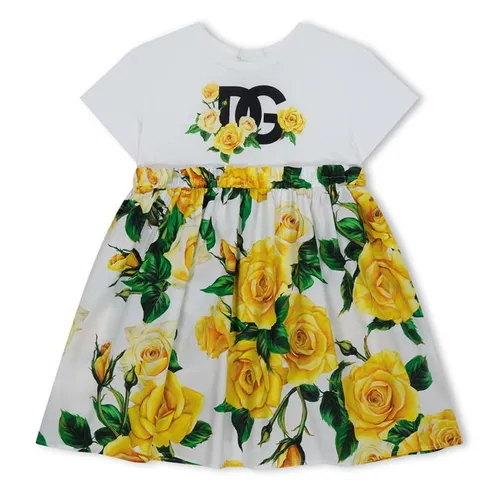 DOLCE AND GABBANA Dress With Bloomers And Yellow Rose Print Baby Girls - White