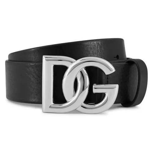 DOLCE AND GABBANA Lux Leather Crossover Logo Buckle Belt - Black