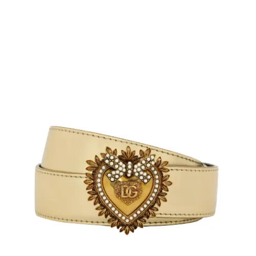 Dolce & Gabbana , Adjustable Metallic Leather Belt with Golden Heart Buckle ,Beige female, Sizes: