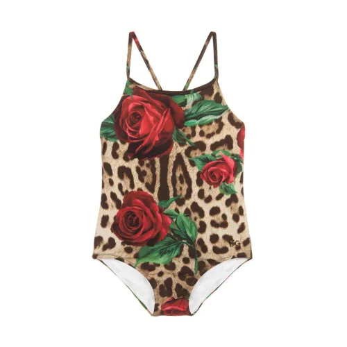 Dolce & Gabbana , Animal Print Rose One Piece Swimwear ,Red female, Sizes: